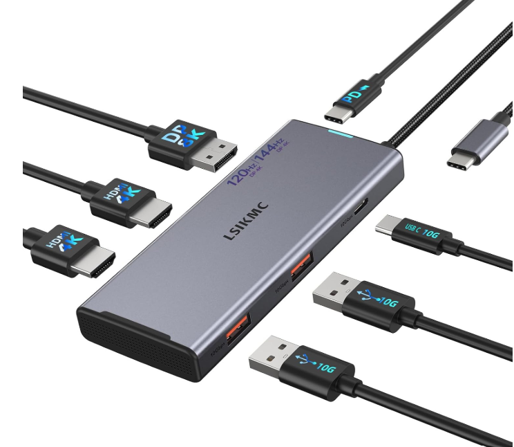 Estación de acoplamiento USB-C para portátil triple monitor | Base 7 en 1 con DP 4K a 160 Hz/8K a 30 Hz + HDMI dual 4K @60Hz, 10 Gbps USB A/C, 100 W PD | Base para laptop para Windows/Mac