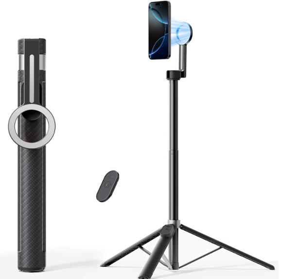 TODI Trípode magnético de 65 pulgadas para iPhone con control remoto, palo selfie para iPhone Magsafe, soporte de trípode para teléfono celular para grabación, trípode de viaje compatible con las series 16/15/14/13/12 (negro plateado)