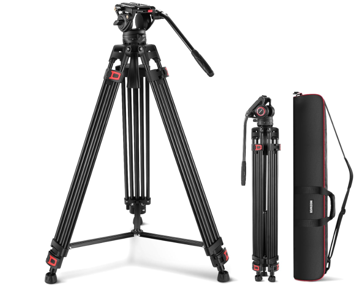 NEEWER Trípode de video de 74" con cabeza fluida, placa QR, trípode de cámara de aluminio resistente profesional para cámaras DSLR y videocámaras, carga máxima 17.6 lb/8 kg, TP74