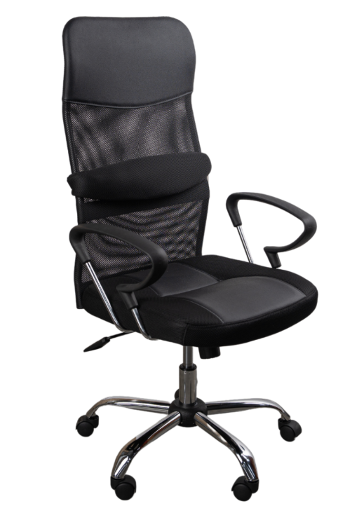 Silla ergonómica en malla negra con base cromada y brazos fijos