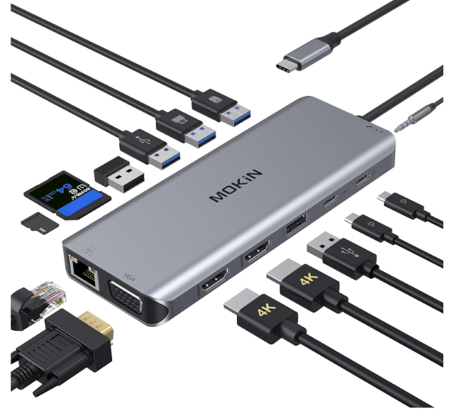 MOKIN Estación de acoplamiento USB C 14 en 1 - Base para portátil con monitor dual con 2 HDMI, VGA, 5 USB, SD/TF para portátiles Dell/Surface/HP/Lenovo