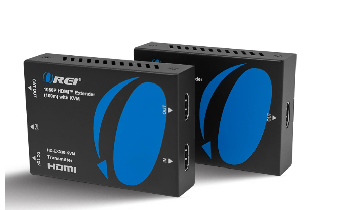OREI KVM - Extensor HDMI a través de Ethernet Balun sobre CAT6/7, cable de 1080p hasta 330 pies, 2 puertos USB 1.1, compatible con teclado y mouse USB HDMI Loop Out, cable de alimentación a través de cable (HD-EX330-KVM)
