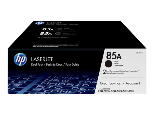 [CE285AD] HP 85A - Paquete de 2 - negro - original - LaserJet - cartucho de tóner (CE285AD) - para LaserJet Pro M1132, M1136, M1212, M1217, P1102, P1104, P1106, P1107, P1108, P1109