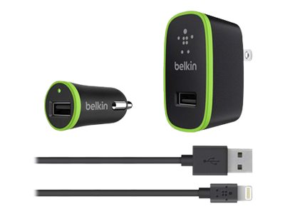 [F8J031tt04-BLK] Belkin Charger Kit - Kit de adaptadores de corriente - (adaptador de corriente CA, adaptador de corriente para el coche, cable Lightning) - 10 vatios - 2.1 A - negro - para Apple iPad/iPhone/iPod (Lightning)