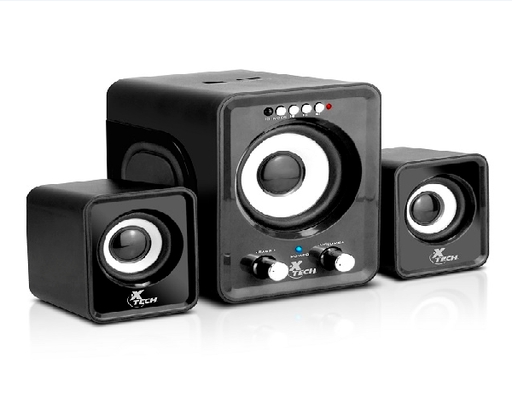 [XTS-375BK] Xtech XTS375 - Altavoces - Negro y blanco - Prácticos controles en el panel frontal - Entrada auxiliar, reproducción de audio vía USB y SD - Control remoto con batería incluida - Entrada de CA/CC: USB 5VCC - Máxima potencia de salida (RMS): 3W cada uno - Impedancia: 4Ohm - Sensibilidad: 83dB - Relación de señal a ruido: 65dB - Subwoofer: Tipo de conexión: Entrada de audio: auxiliar de 3,5mm, Puerto USB, Ranura para microtarjeta SD, Salida de audio: 3,5mm - Información adicional: Dimensiones: Su