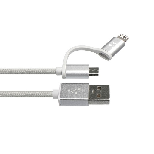 [KAC-210SV] Klip Xtreme - USB cable - Apple Lightning / Micro-USB Type B - 4 pin USB Type A - 1 m - Aluminum silver - 2in1 Braided