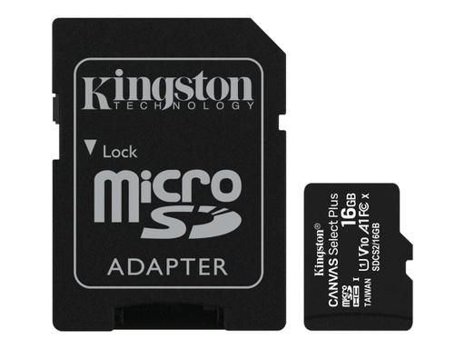 [SDCS2/16GB] Kingston Canvas Select Plus - Tarjeta de memoria flash (adaptador microSDHC a SD Incluido) - 16 GB - A1 / Video Class V10 / UHS Class 1 / Class10 - microSDHC UHS-I