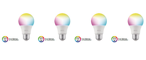 [NHB-C1104PK] Nexxt Solutions Connectivity - Light Bulb - A19 RGB 110V 4PK - conexión WI-FI - Bombillo multicolor - Compatible con Amazon Alexa y Google Assistant - 800 Lumen - 9W(Equivalente a 60W) - 110 V/ 220 V