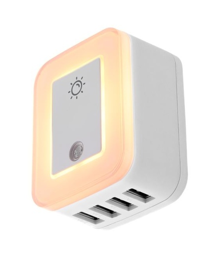 [FWT-4012USB] Forza - Módulo de inserción - CA 110/220 V - 4 Tomas de Corriente - Protección contra cortocircuito y  sobrecarga - 4 puertos USB con alimentación - Corriente máxima compartida de 4,8A - Luz nocturna automática con sensor táctil e  intensidad regulable - Frecuencia : 50/60Hz (detección automática) - Corriente máxima admisible: 6500A - Tipo de enchufe : NEMA 5-15P 