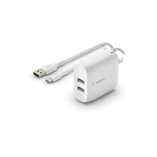 [WCE001dq1MWH] Belkin Dual Wall Charger - Adaptador de corriente - 24 vatios - 4.8 A - 2 conectores de salida (2 x USB) - en el cable: USB-C