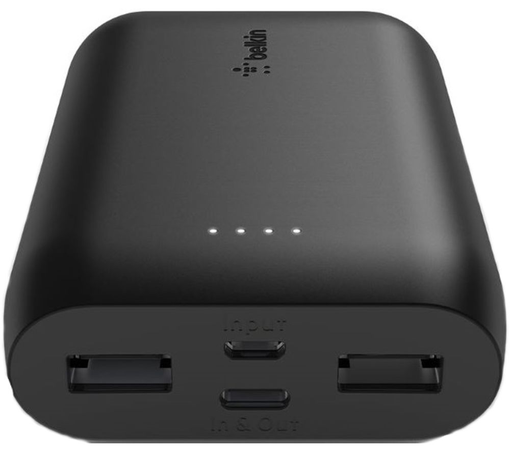 [F8J267btBLK] Belkin - Cargador portátil - 10000 mAh - 15 vatios - 3 conectores de salida (2 x USB, USB-C) - en el cable: USB, USB-C - negro