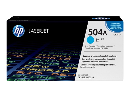 [CE251A] HP 504A - Cián - original - LaserJet - cartucho de tóner (CE251A) - para Color LaserJet CM3530 MFP, CM3530fs MFP, CP3525, CP3525dn, CP3525n, CP3525x