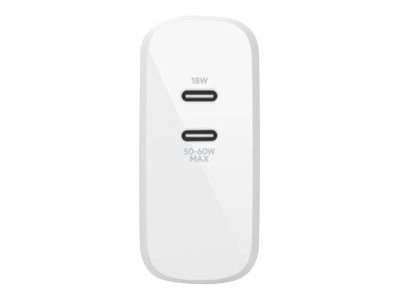 [WCH003dqWH] Belkin Dual GaN - Cargador de pared - 68 vatios - 3 A - Fast Charge, PD - 2 conectores de salida (USB-C) - blanco