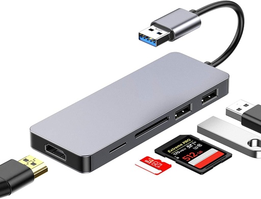 [B07X5VH1LJ] B07X5VH1LJ-Adaptador USB a HDMI, concentrador USB 5 en 1 con convertidor USB 3.0 a HDMI 1080p para monitor de ordenador portátil, 2 puertos USB 2.0, lector de tarjetas SD/Micro SD, compatible con Windows 7/8/8.1/10 [No compatible con Mac, Cromo, Linux]