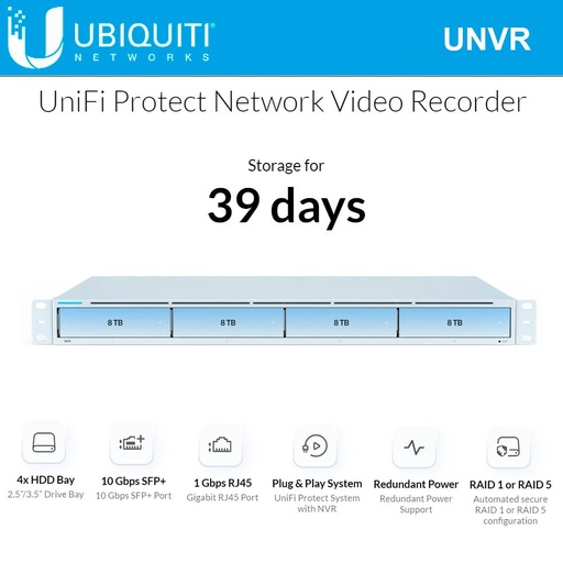 [UNVR] UNVR - NVR Empresarial UniFi Protect de 4 Bahías de Disco Duro, recomendado para hasta 50 cámaras Full HD