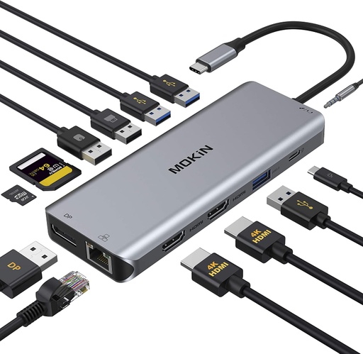 [MOKIN 13EN1] MOKIN 13EN1 Hub USB C, estación de acoplamiento USB C 13 en 1, adaptador tipo C de triple pantalla con doble HDMI 4K, DP, cargador PD, Gigabit Ethernet, 5 puertos USB, lector de tarjetas SD/TF, micrófono/audio para MacBook Pro y Windows