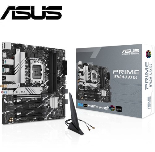 [PRIME B760M-A AX] ASUS PRIME B760M-A AX - Placa base - micro ATX - Socket LGA1700 - B760 Chipset - USB 3.2 Gen 1, USB 3.2 Gen 2, USB-C 3.2 Gen 1 - 2.5 Gigabit LAN, Wi-Fi 6, Bluetooth - Tarjeta gráfica (CPU necesaria) - HD Audio (8-canales)
