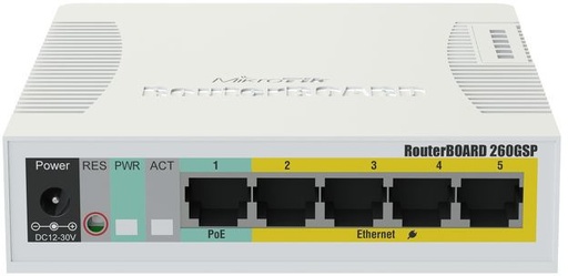 [CSS106-1G-4P-1S] MikroTik RouterBOARD RB260GSP - Conmutador - Gestionado - 5 x 10/100/1000 (4 PoE) + 1 x SFP - sobremesa - PoE